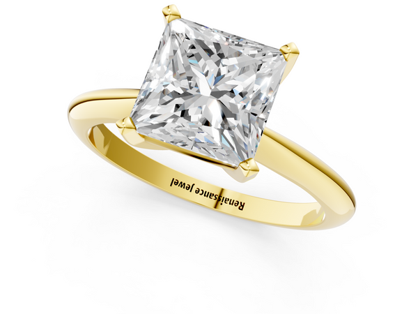 Yellow gold Princess Cut Solitaire Ring with Four-Prong Setting on a Classic Band
