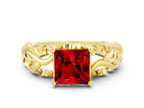 Yellow gold Princess Cut Solitaire Ruby Leaf-Inspired Vine Band Ring with Prong Setting