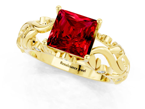 Yellow gold Princess Cut Solitaire Ruby Leaf-Inspired Vine Band Ring with Prong Setting_1