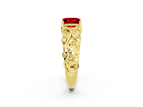 Yellow gold Princess Cut Solitaire Ruby Leaf-Inspired Vine Band Ring with Prong Setting_2