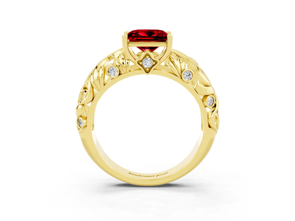 Yellow gold Princess Cut Solitaire Ruby Leaf-Inspired Vine Band Ring with Prong Setting