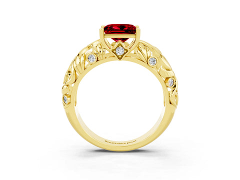 Yellow gold Princess Cut Solitaire Ruby Leaf-Inspired Vine Band Ring with Prong Setting_3