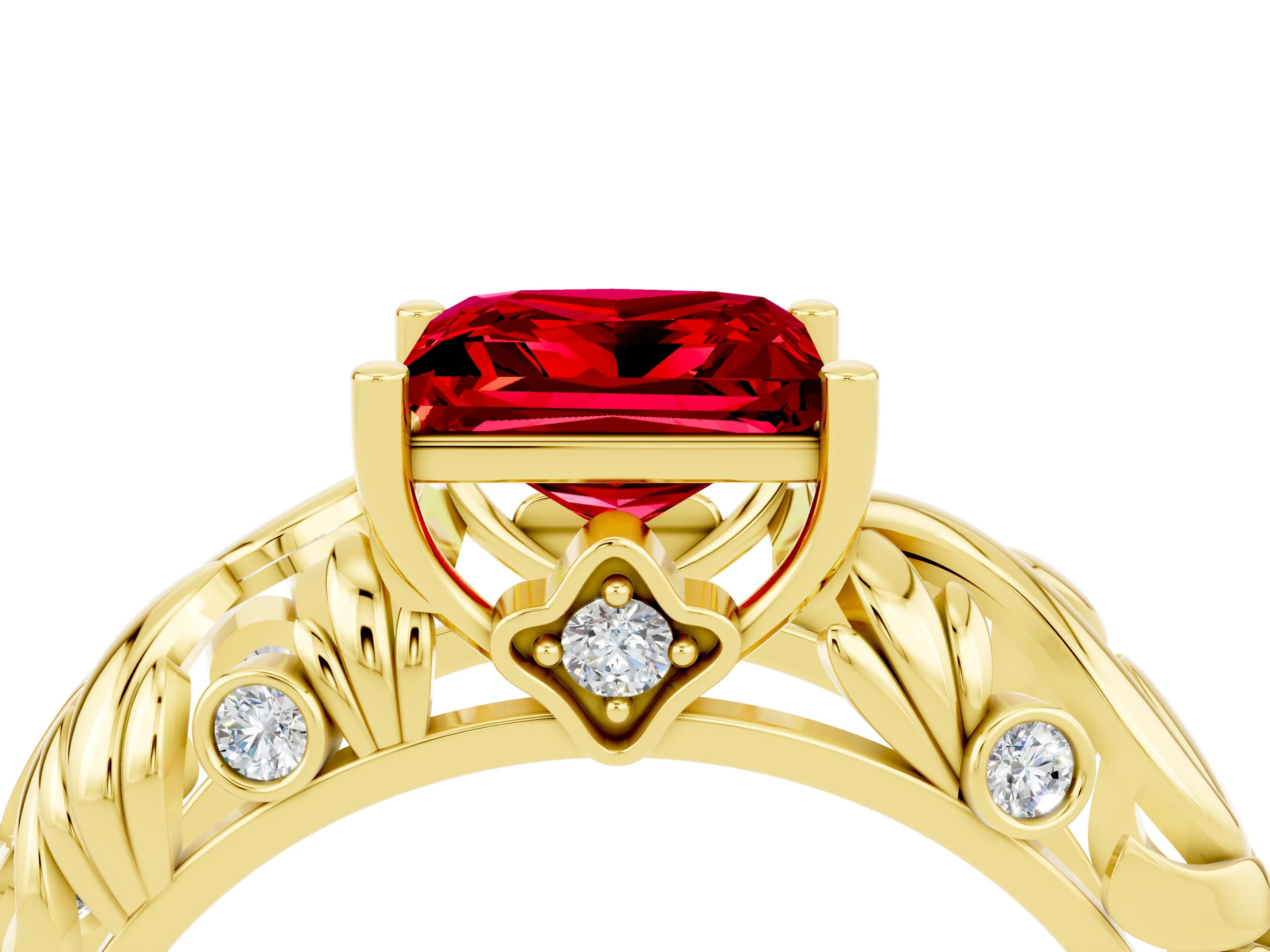 Yellow gold Princess Cut Solitaire Ruby Leaf-Inspired Vine Band Ring with Prong Setting_4