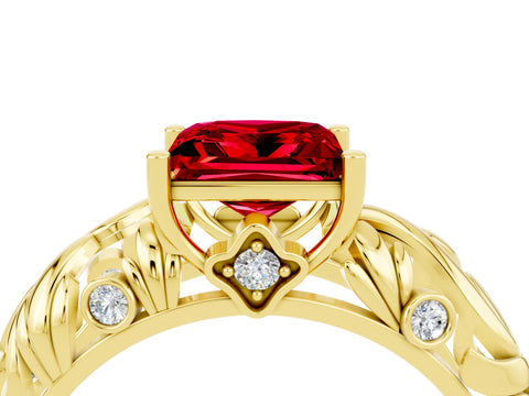 Yellow gold Princess Cut Solitaire Ruby Leaf-Inspired Vine Band Ring with Prong Setting_4