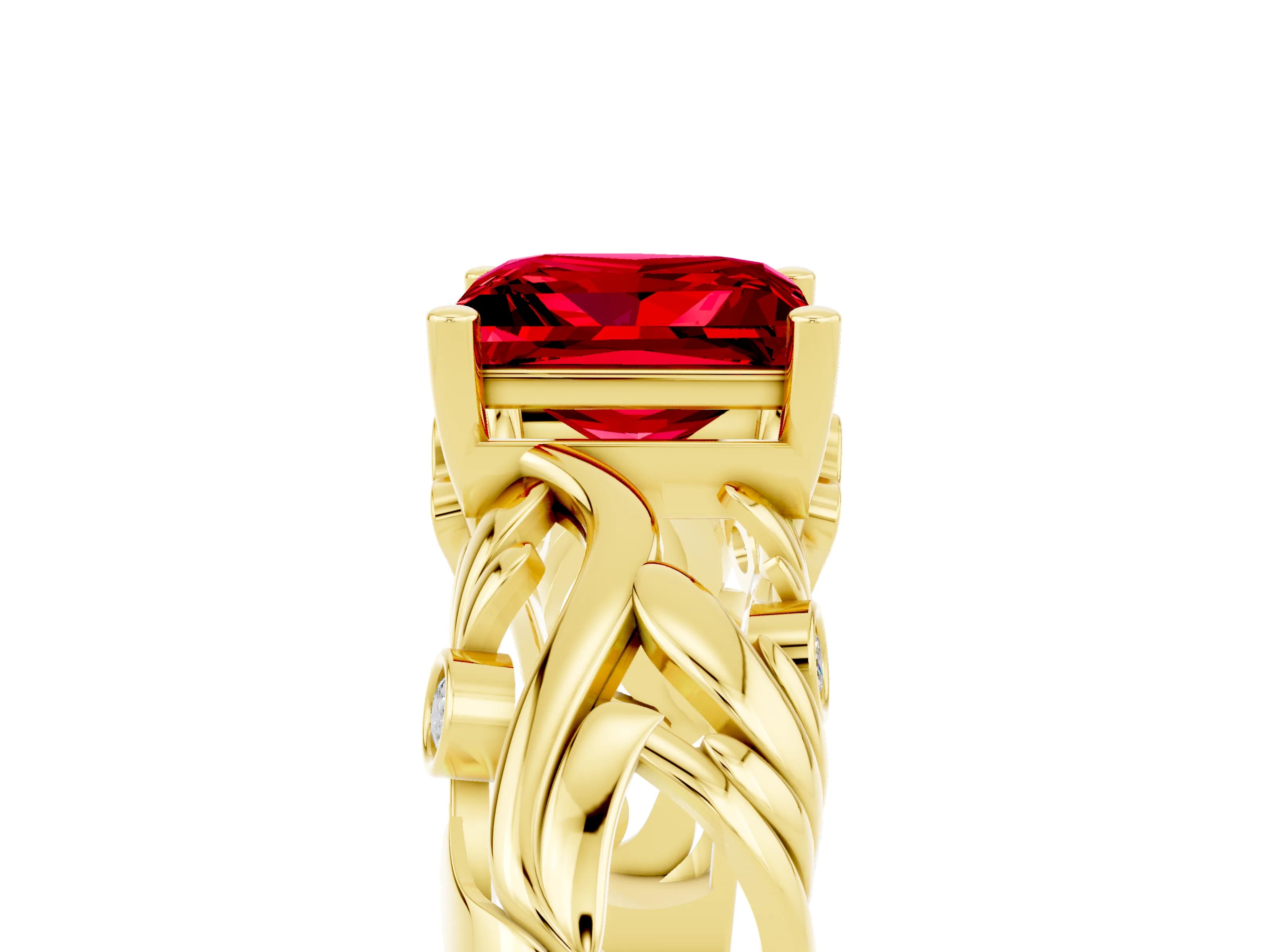 Yellow gold Princess Cut Solitaire Ruby Leaf-Inspired Vine Band Ring with Prong Setting_5