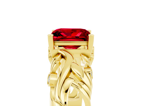 Yellow gold Princess Cut Solitaire Ruby Leaf-Inspired Vine Band Ring with Prong Setting_5