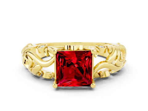 Yellow gold Princess Cut Solitaire Ruby Leaf-Inspired Vine Band Ring with Prong Setting