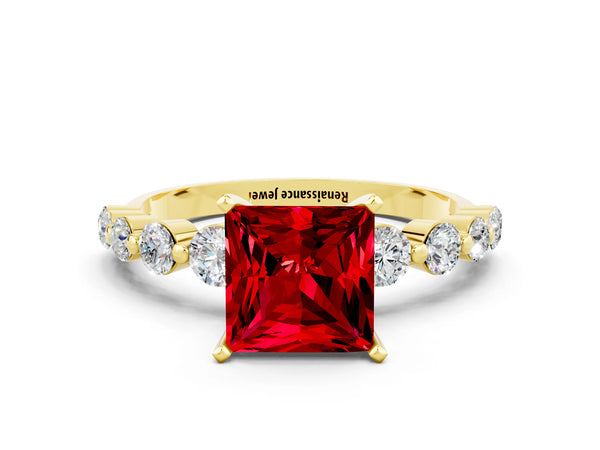 Yellow gold Princess Cut Solitaire Ruby Ring with Pave Band and Four-Prong Setting