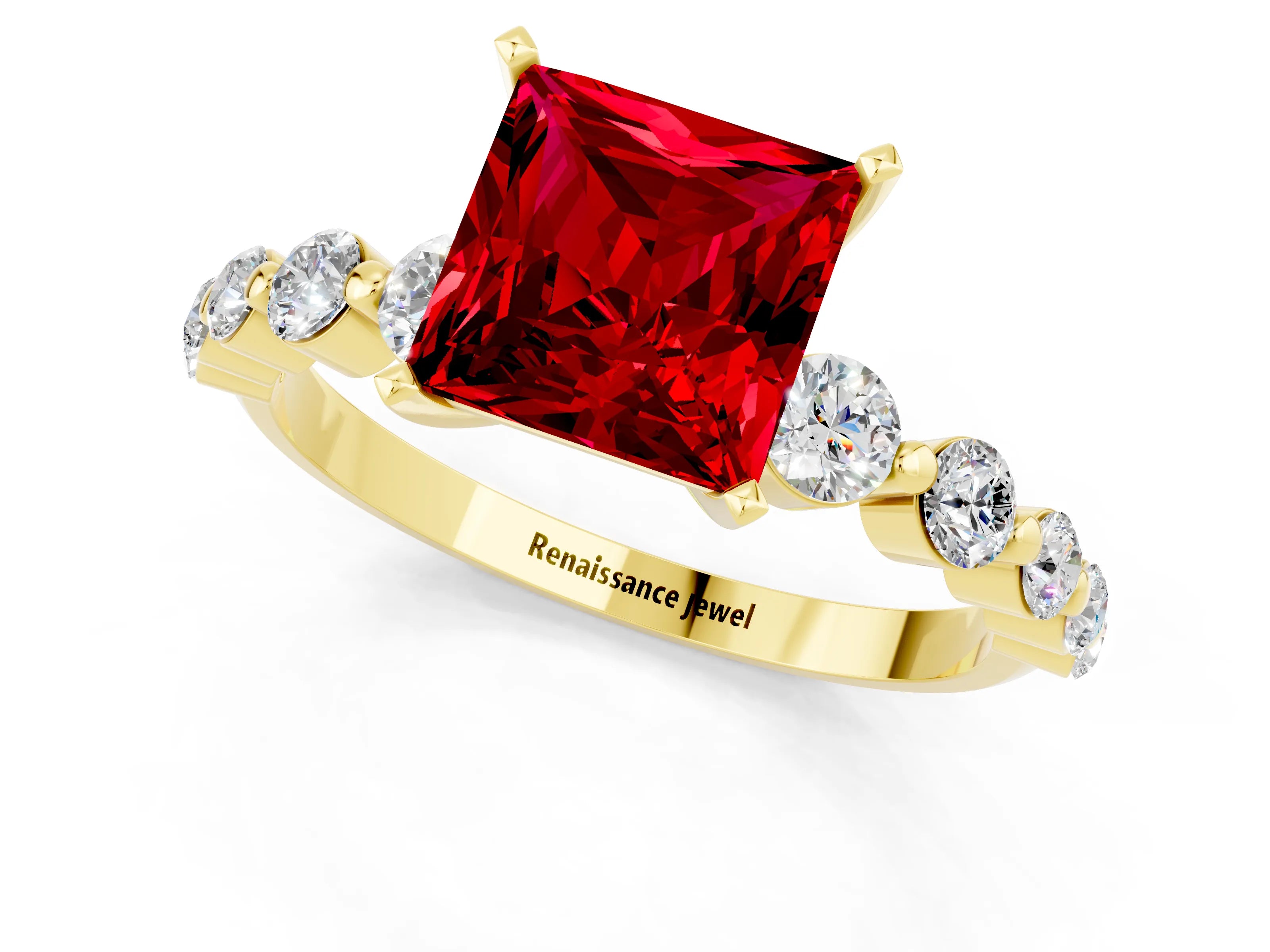 Yellow gold Princess Cut Solitaire Ruby Ring with Pave Band and Four-Prong Setting_1