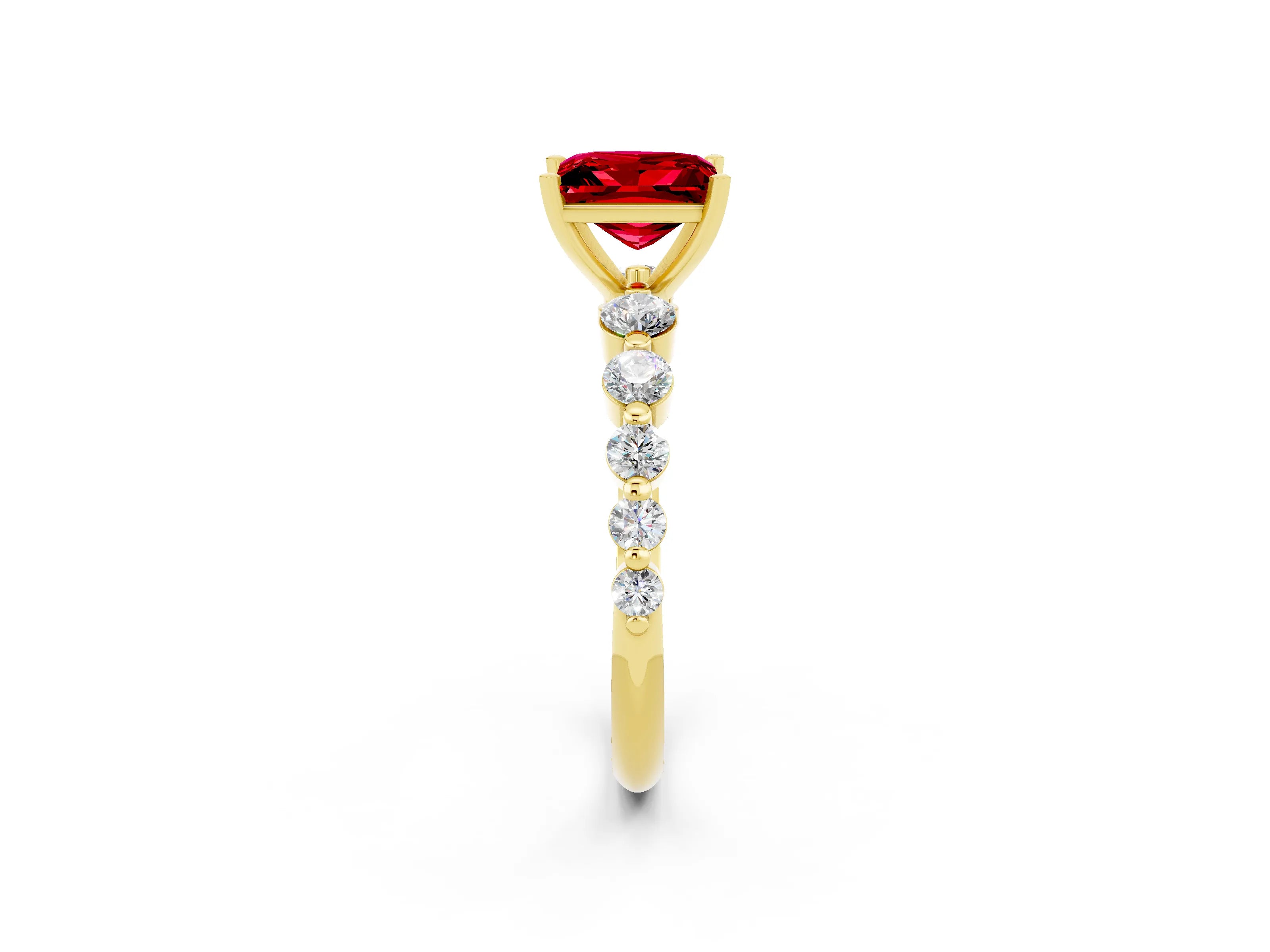 Yellow gold Princess Cut Solitaire Ruby Ring with Pave Band and Four-Prong Setting_2