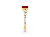 Yellow gold Princess Cut Solitaire Ruby Ring with Pave Band and Four-Prong Setting_2