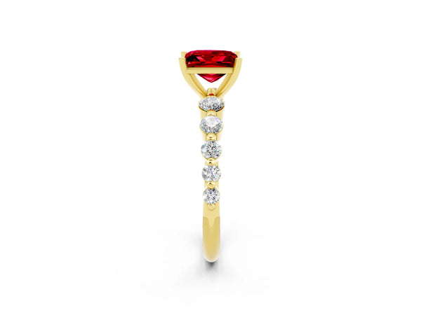Yellow gold Princess Cut Solitaire Ruby Ring with Pave Band and Four-Prong Setting