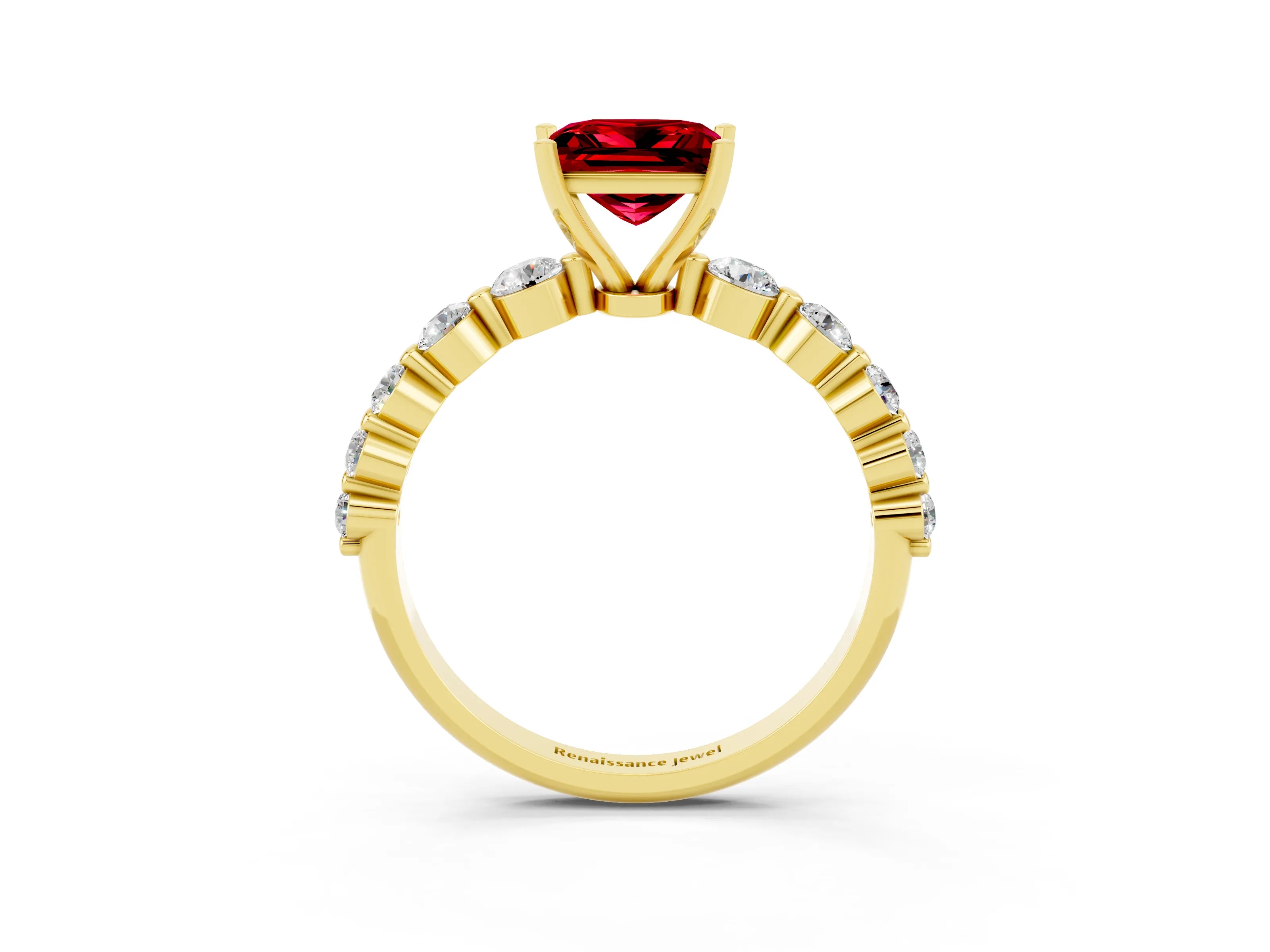 Yellow gold Princess Cut Solitaire Ruby Ring with Pave Band and Four-Prong Setting_3