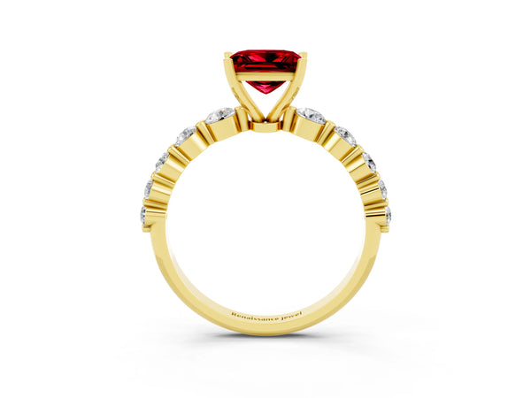 Yellow gold Princess Cut Solitaire Ruby Ring with Pave Band and Four-Prong Setting