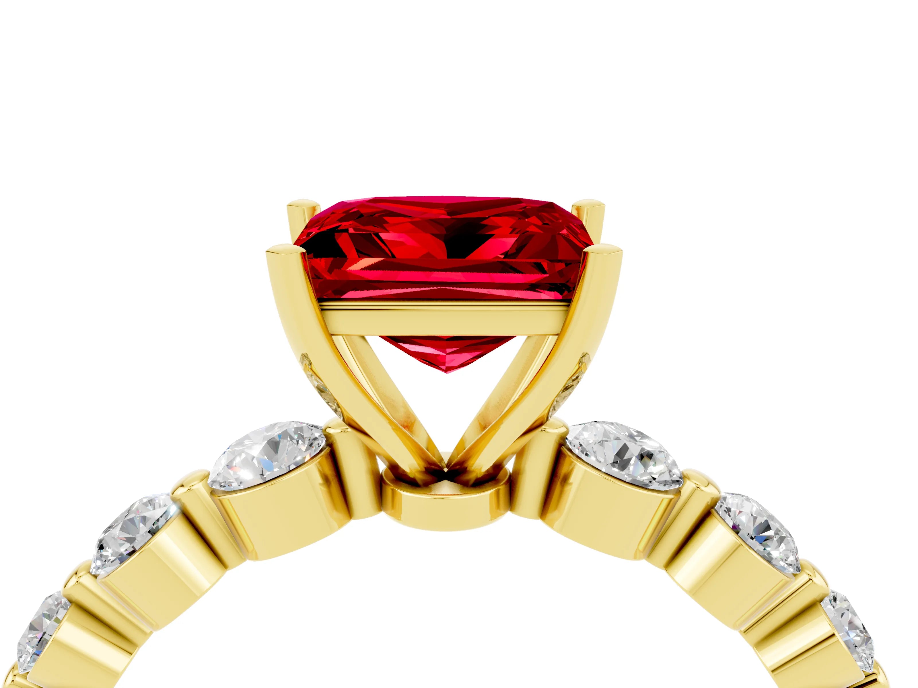 Yellow gold Princess Cut Solitaire Ruby Ring with Pave Band and Four-Prong Setting_4
