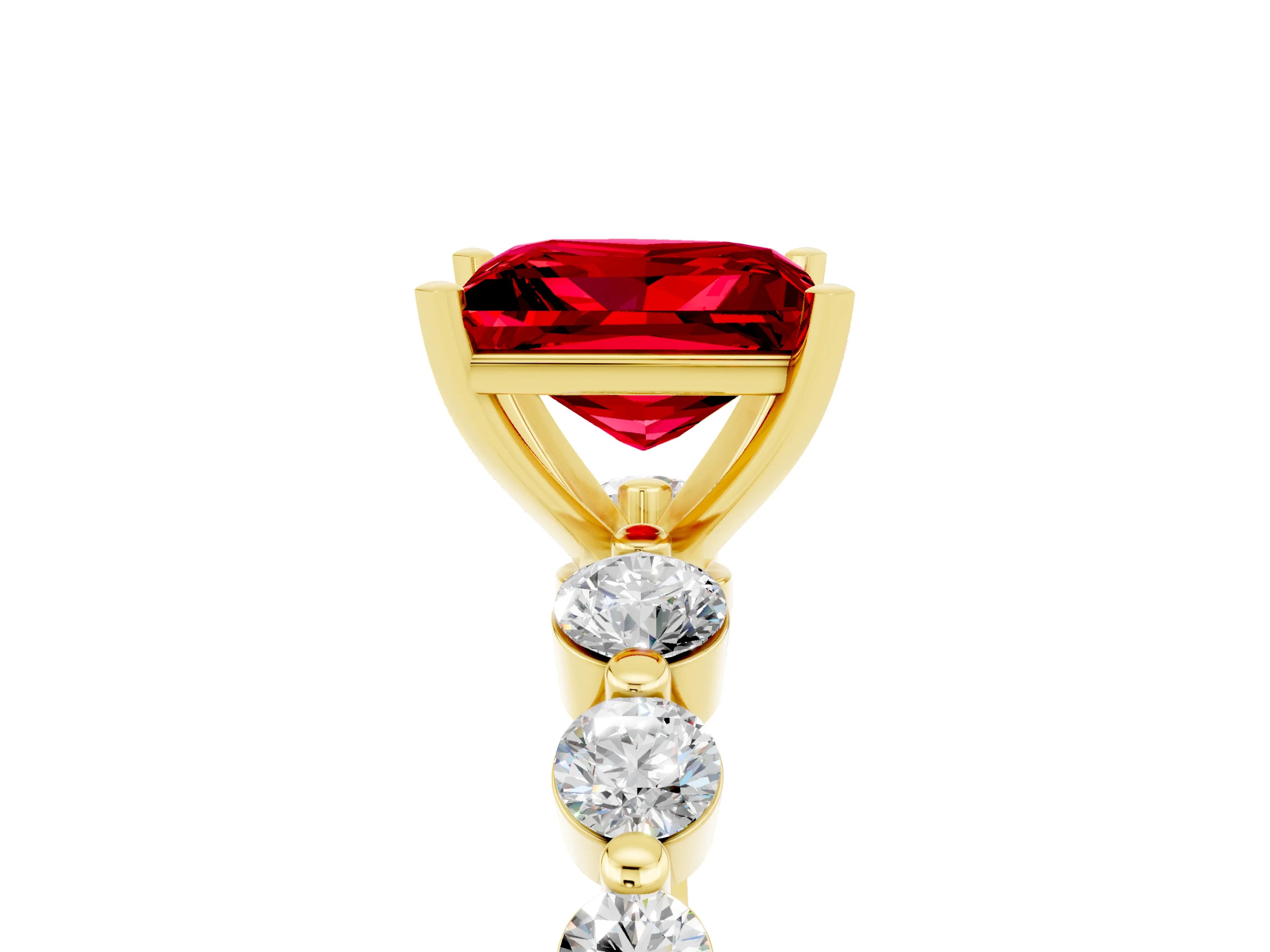 Yellow gold Princess Cut Solitaire Ruby Ring with Pave Band and Four-Prong Setting_5