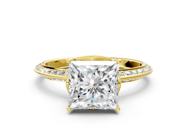 Yellow Gold Princess Cut Graduated Pave Engagement Ring Setting