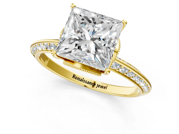 Yellow Gold Princess Cut Graduated Pave Engagement Ring Setting