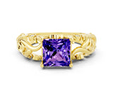 Yellow gold Princess Cut Solitaire Tanzanite Leaf-Inspired Vine Band Ring with Prong Setting