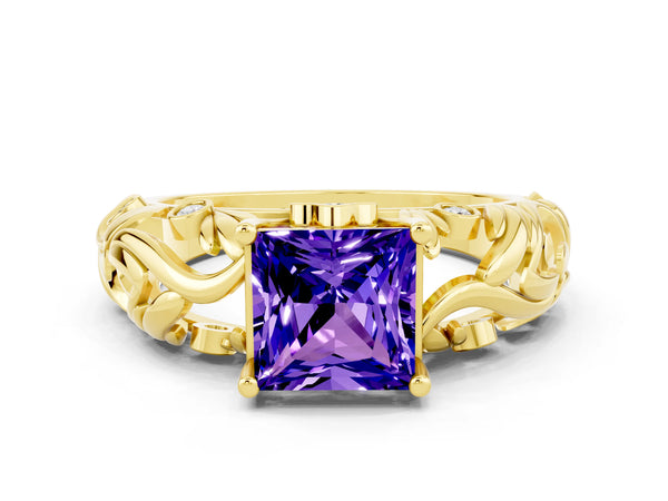 Yellow gold Princess Cut Solitaire Tanzanite Leaf-Inspired Vine Band Ring with Prong Setting