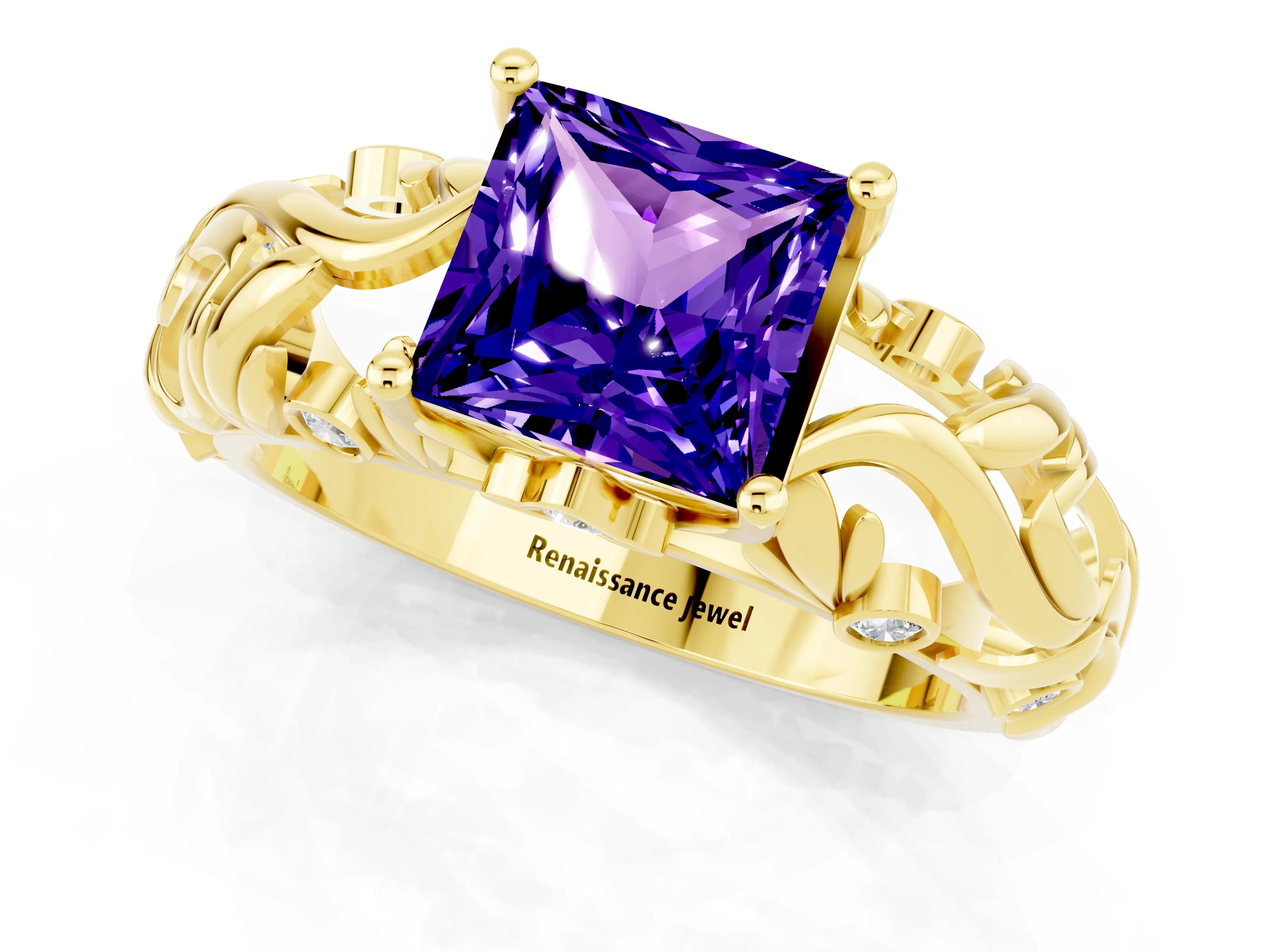 Yellow gold Princess Cut Solitaire Tanzanite Leaf-Inspired Vine Band Ring with Prong Setting_1