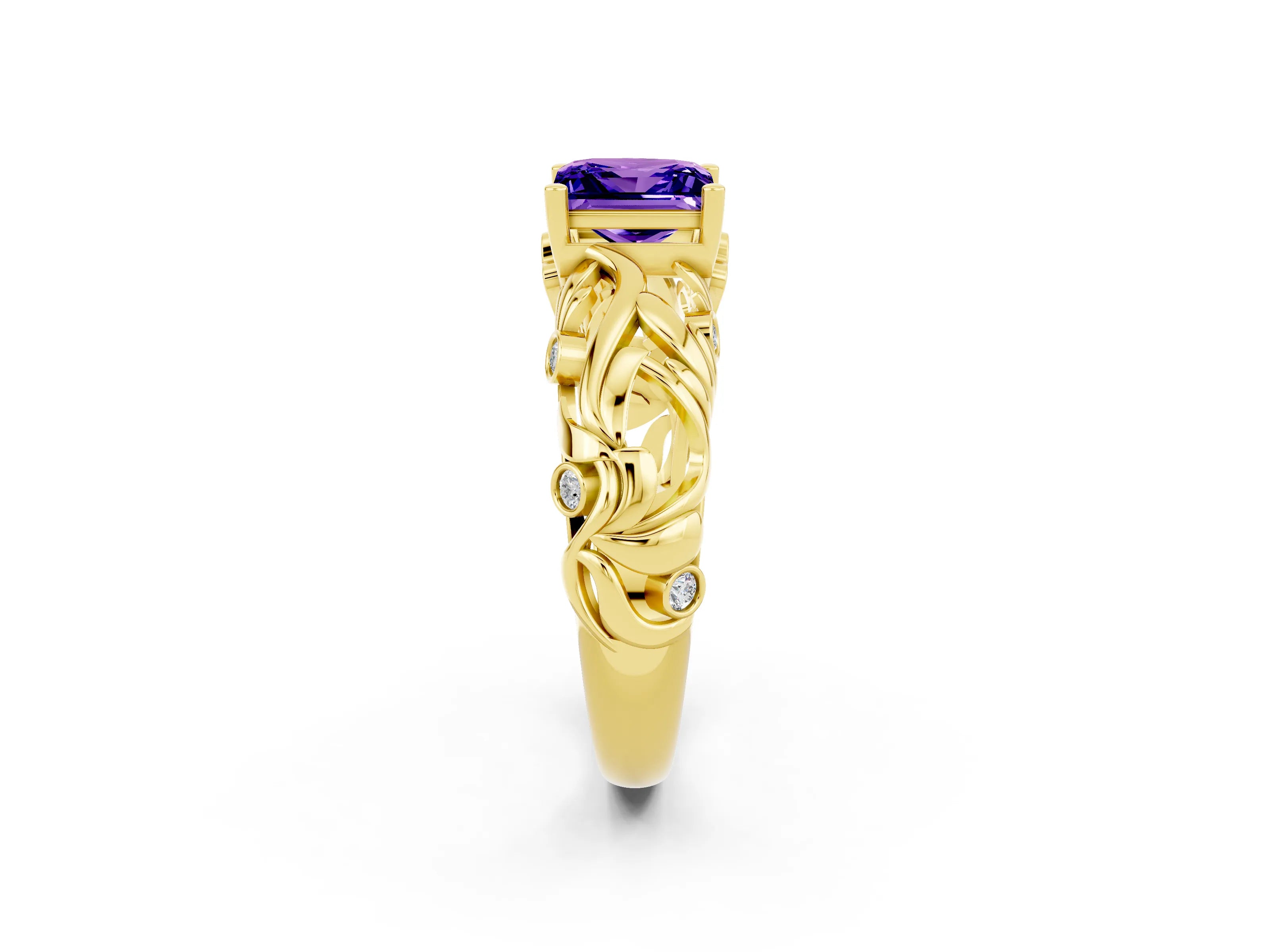 Yellow gold Princess Cut Solitaire Tanzanite Leaf-Inspired Vine Band Ring with Prong Setting_2
