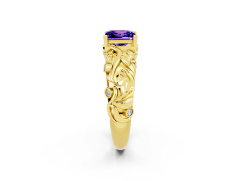 Yellow gold Princess Cut Solitaire Tanzanite Leaf-Inspired Vine Band Ring with Prong Setting_2