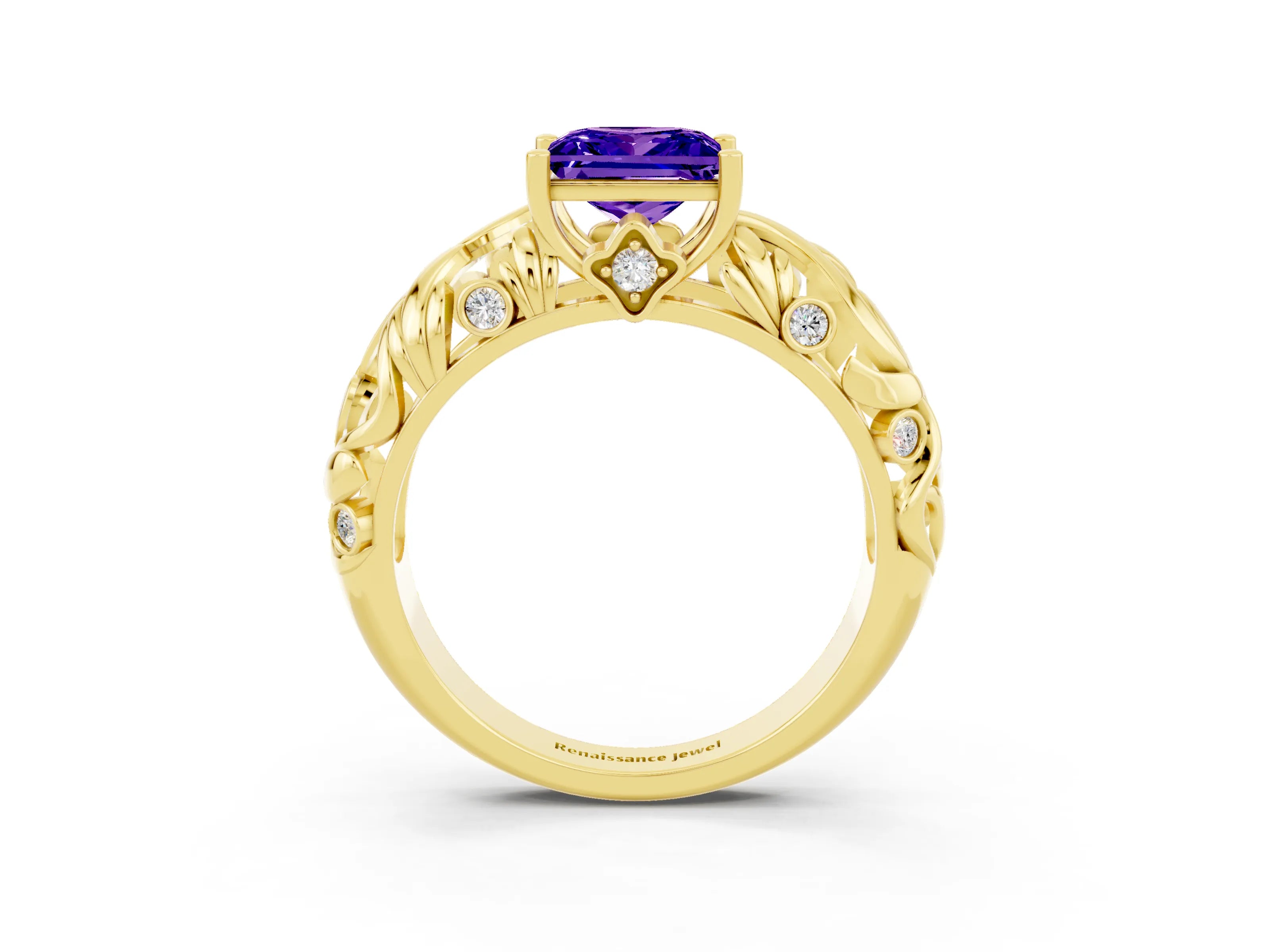 Yellow gold Princess Cut Solitaire Tanzanite Leaf-Inspired Vine Band Ring with Prong Setting_3