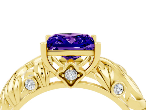 Yellow gold Princess Cut Solitaire Tanzanite Leaf-Inspired Vine Band Ring with Prong Setting_4