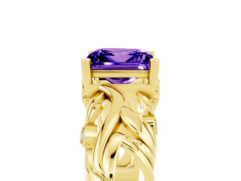 Yellow gold Princess Cut Solitaire Tanzanite Leaf-Inspired Vine Band Ring with Prong Setting_5
