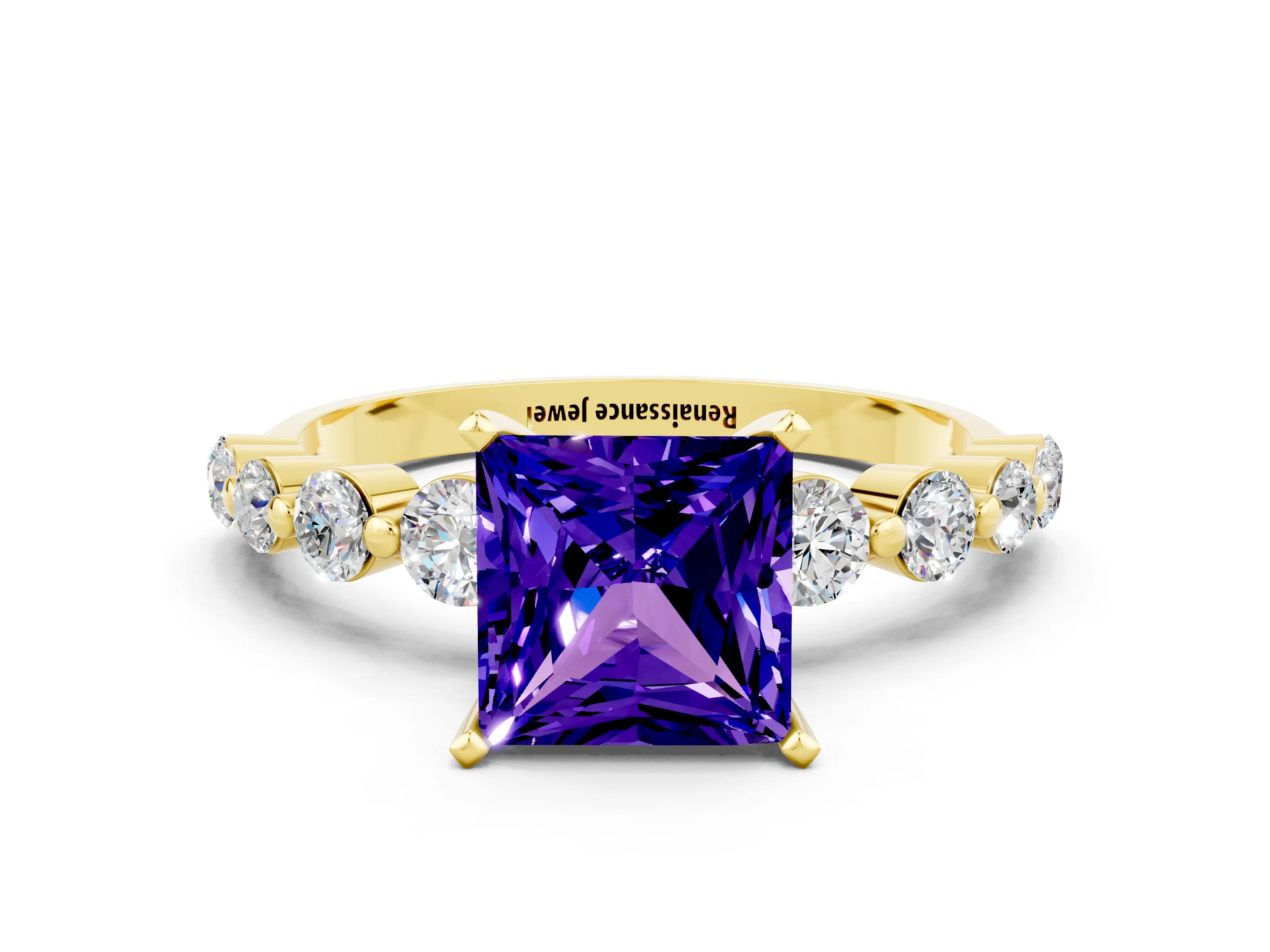 Yellow gold Princess Cut Solitaire Tanzanite Ring with Pave Band and Four-Prong Setting