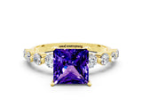 Yellow gold Princess Cut Solitaire Tanzanite Ring with Pave Band and Four-Prong Setting