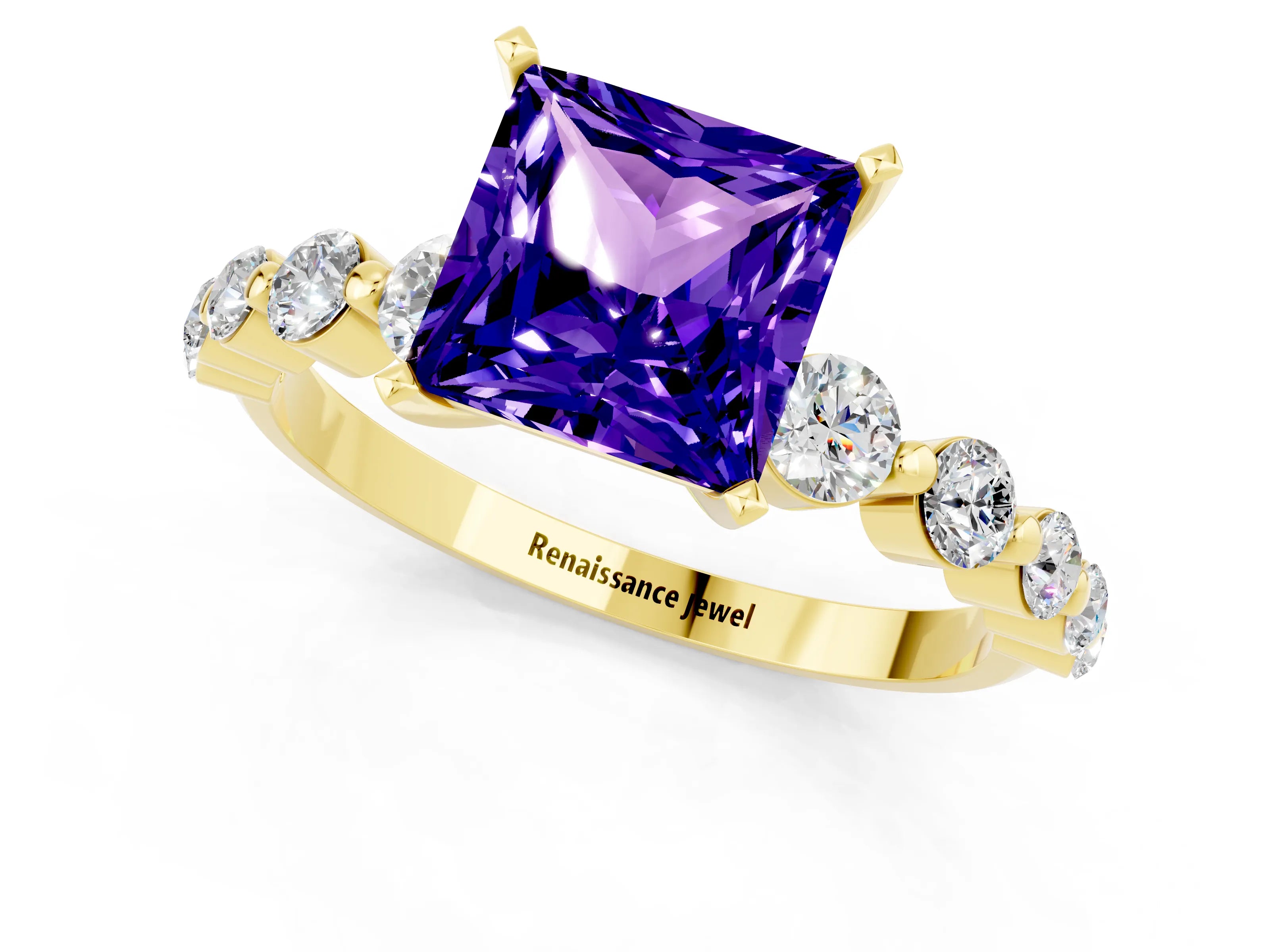 Yellow gold Princess Cut Solitaire Tanzanite Ring with Pave Band and Four-Prong Setting_1