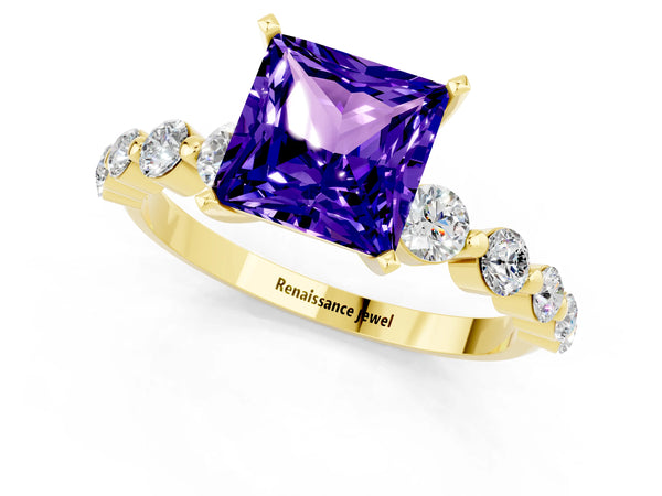 Yellow gold Princess Cut Solitaire Tanzanite Ring with Pave Band and Four-Prong Setting