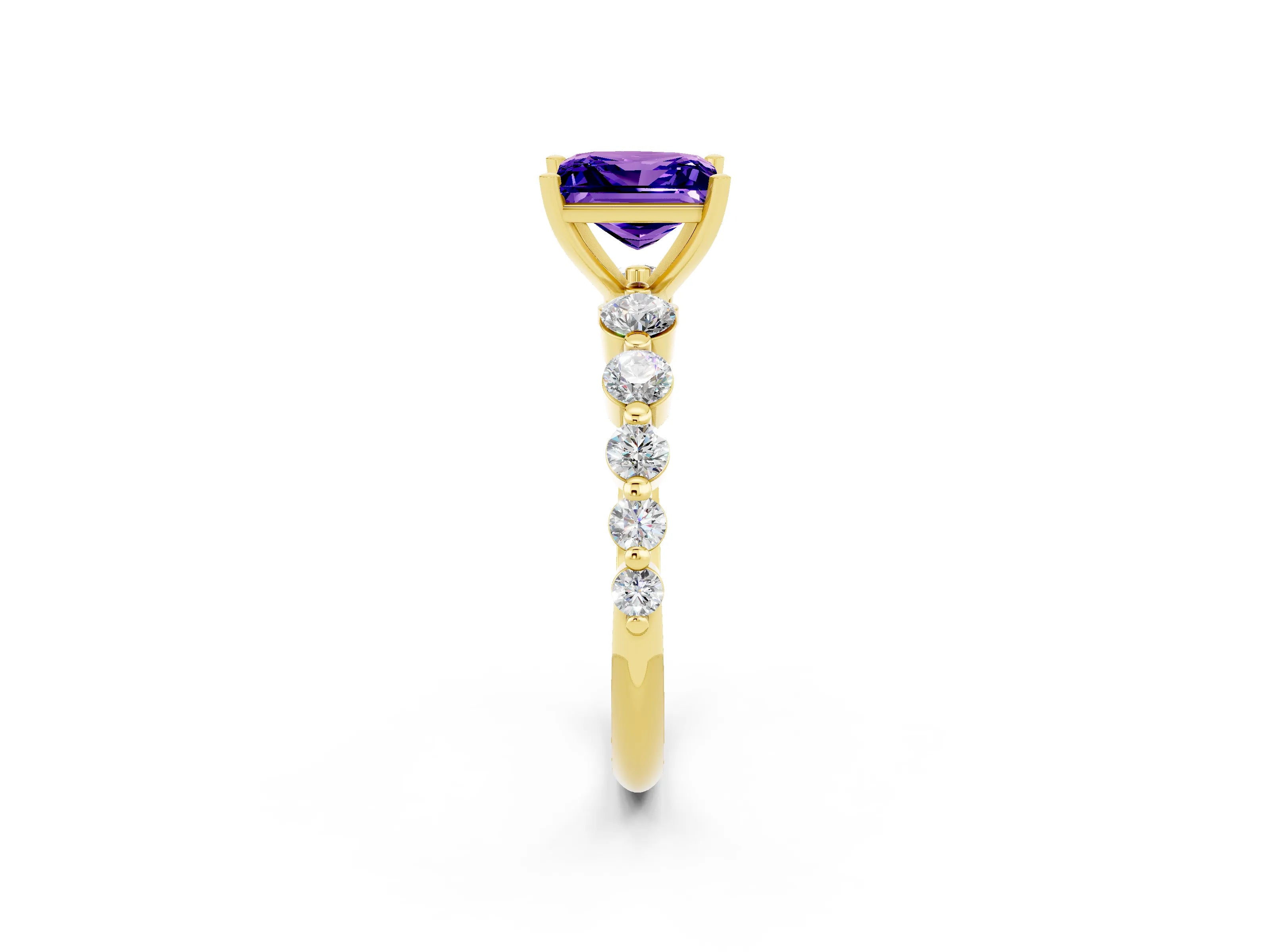 Yellow gold Princess Cut Solitaire Tanzanite Ring with Pave Band and Four-Prong Setting_2