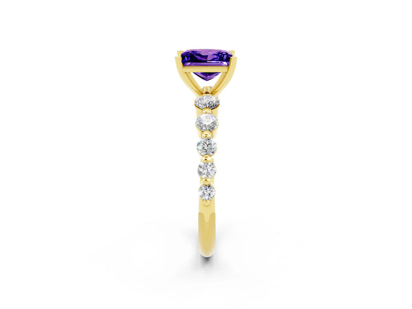 Yellow gold Princess Cut Solitaire Tanzanite Ring with Pave Band and Four-Prong Setting