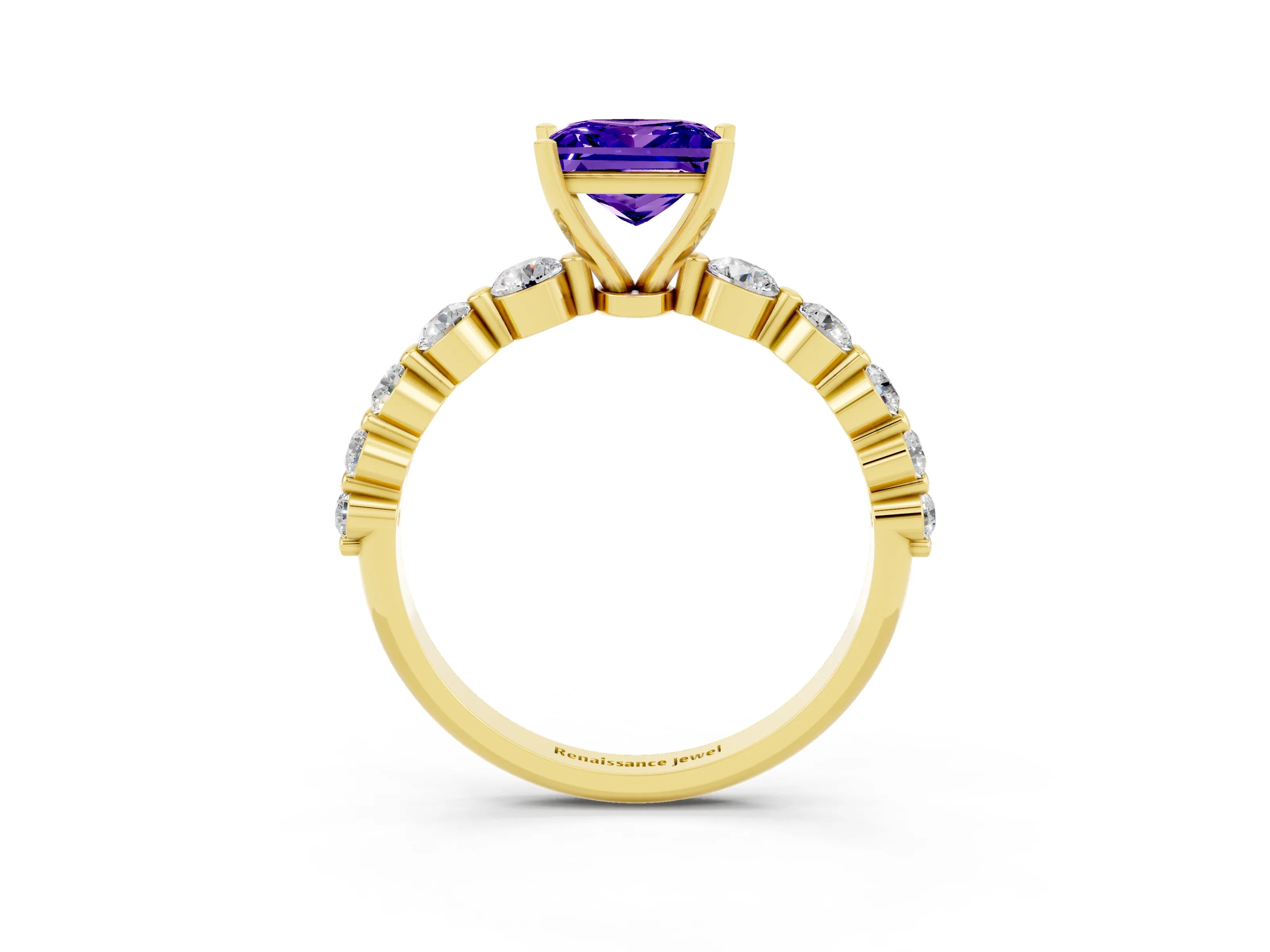 Yellow gold Princess Cut Solitaire Tanzanite Ring with Pave Band and Four-Prong Setting_3