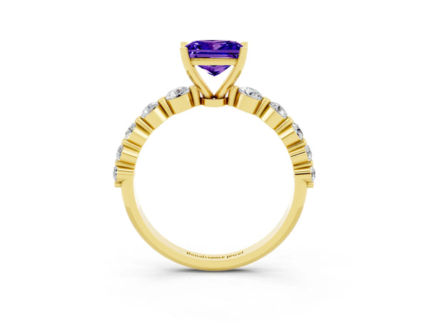 Yellow gold Princess Cut Solitaire Tanzanite Ring with Pave Band and Four-Prong Setting
