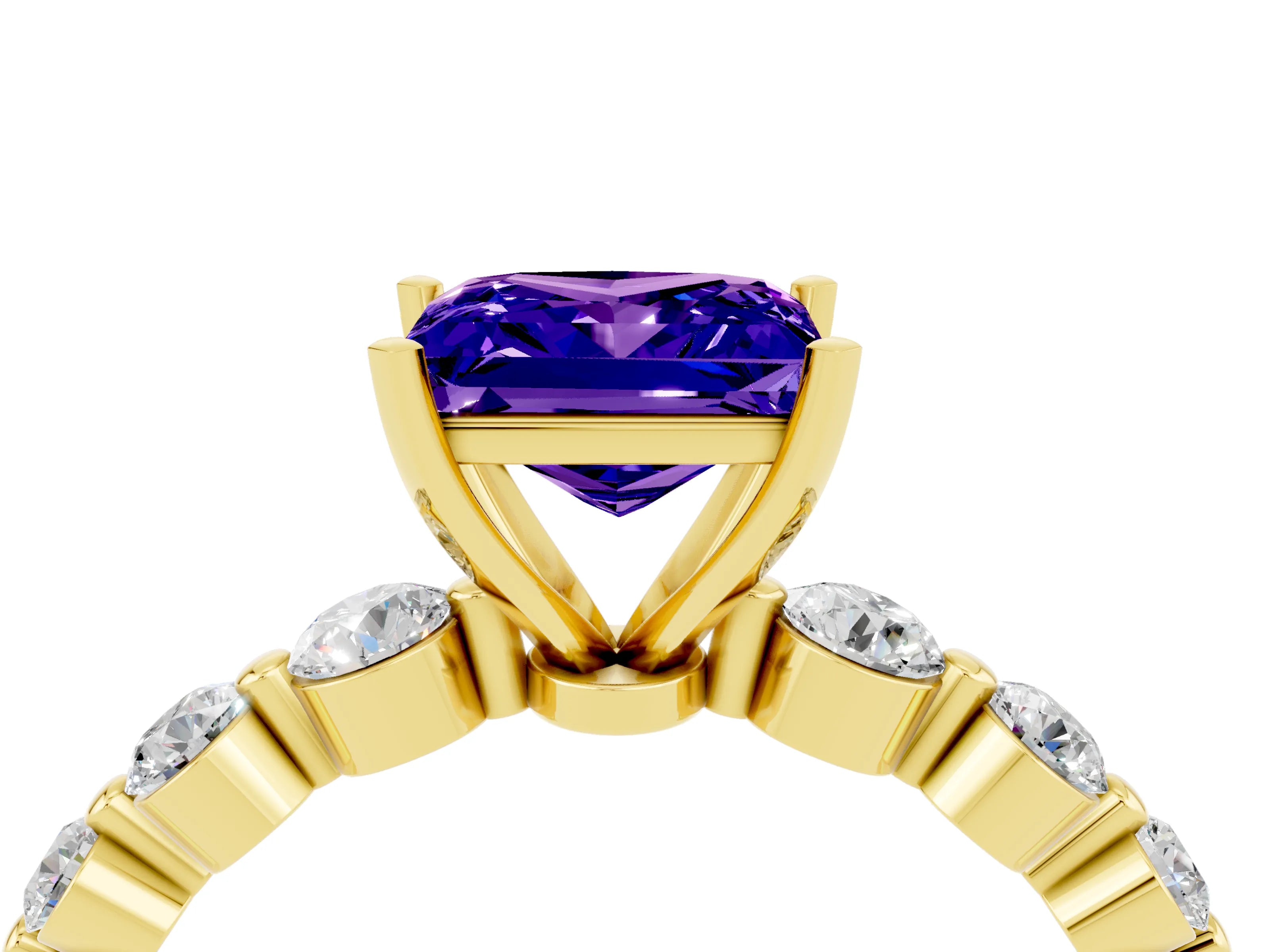 Yellow gold Princess Cut Solitaire Tanzanite Ring with Pave Band and Four-Prong Setting_4