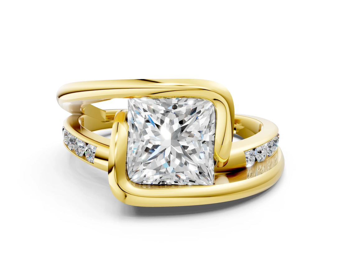 Yellow gold Princess Cut Solitaire Tension-Set Diamond Split Shank Ring_20