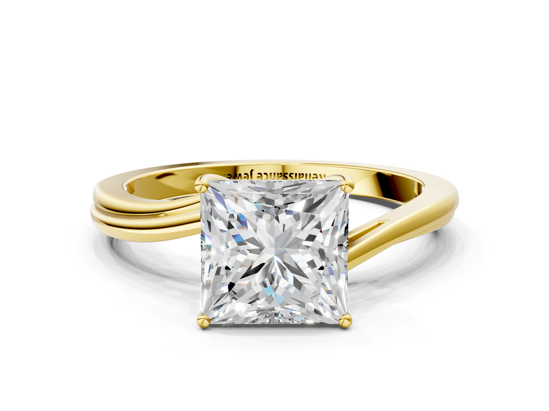 Yellow gold Princess Cut Solitaire Twist Band Ring with Four-Prong Setting_33