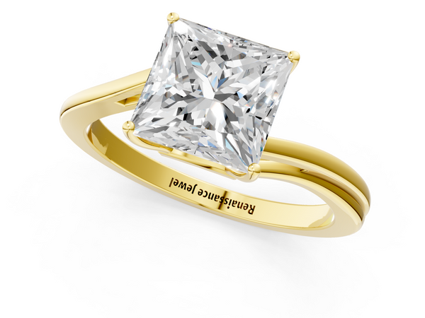 Yellow gold Princess Cut Solitaire Twist Band Ring with Four-Prong Setting