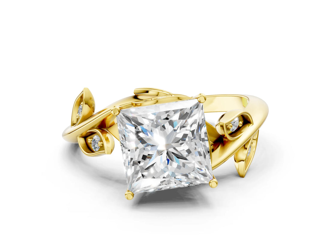Yellow gold Princess Cut Solitaire Twist Engagement Ring with Leaf Accents and Prong Setting_15