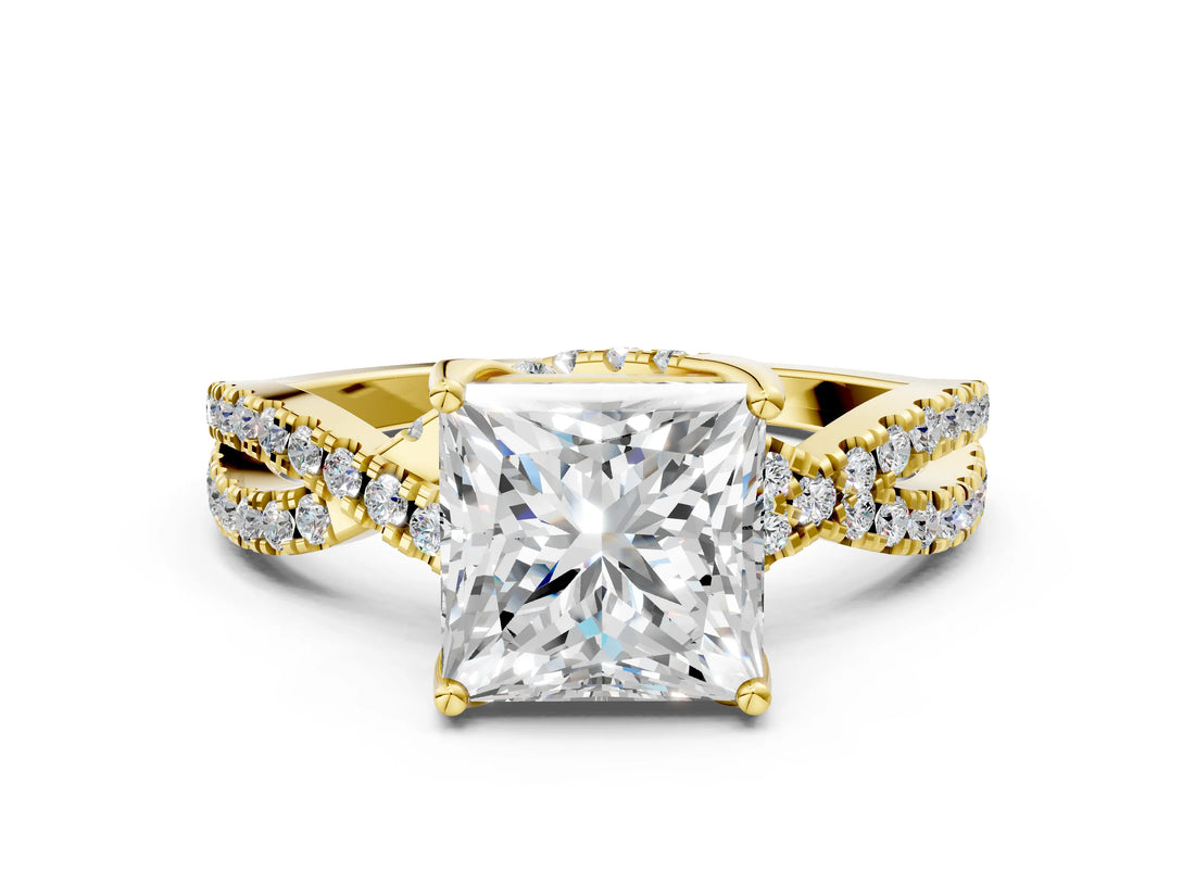 Yellow gold Princess Cut Solitaire Twist Pave Diamond Engagement Ring with Prong Setting_3