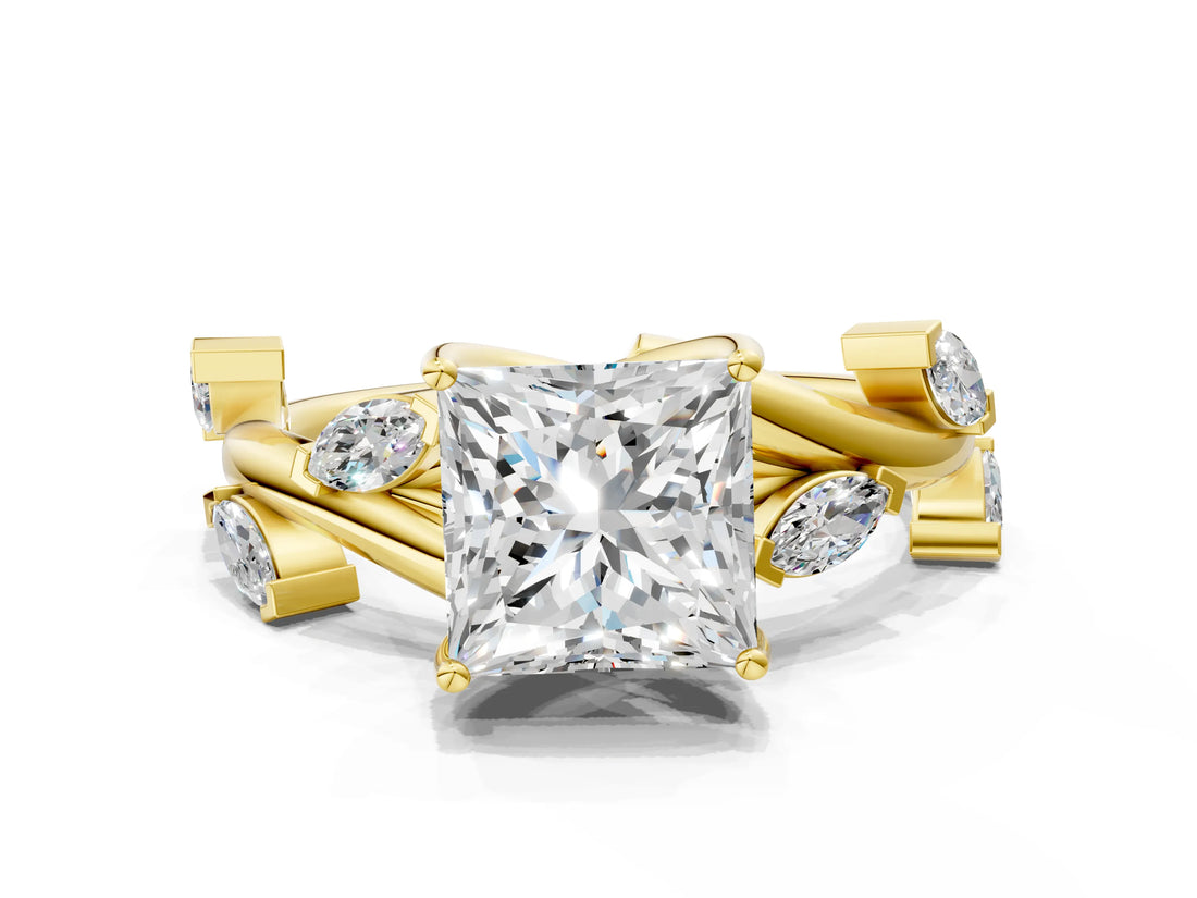 Yellow gold Princess Cut Solitaire Twisted Band Marquise Accent Prong Setting Ring_15