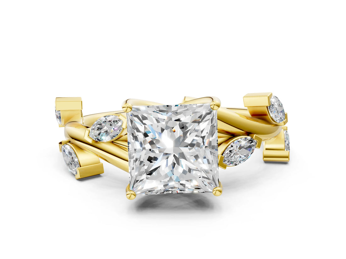 Yellow gold Princess Cut Solitaire Twisted Band Marquise Accent Prong Setting Ring_3