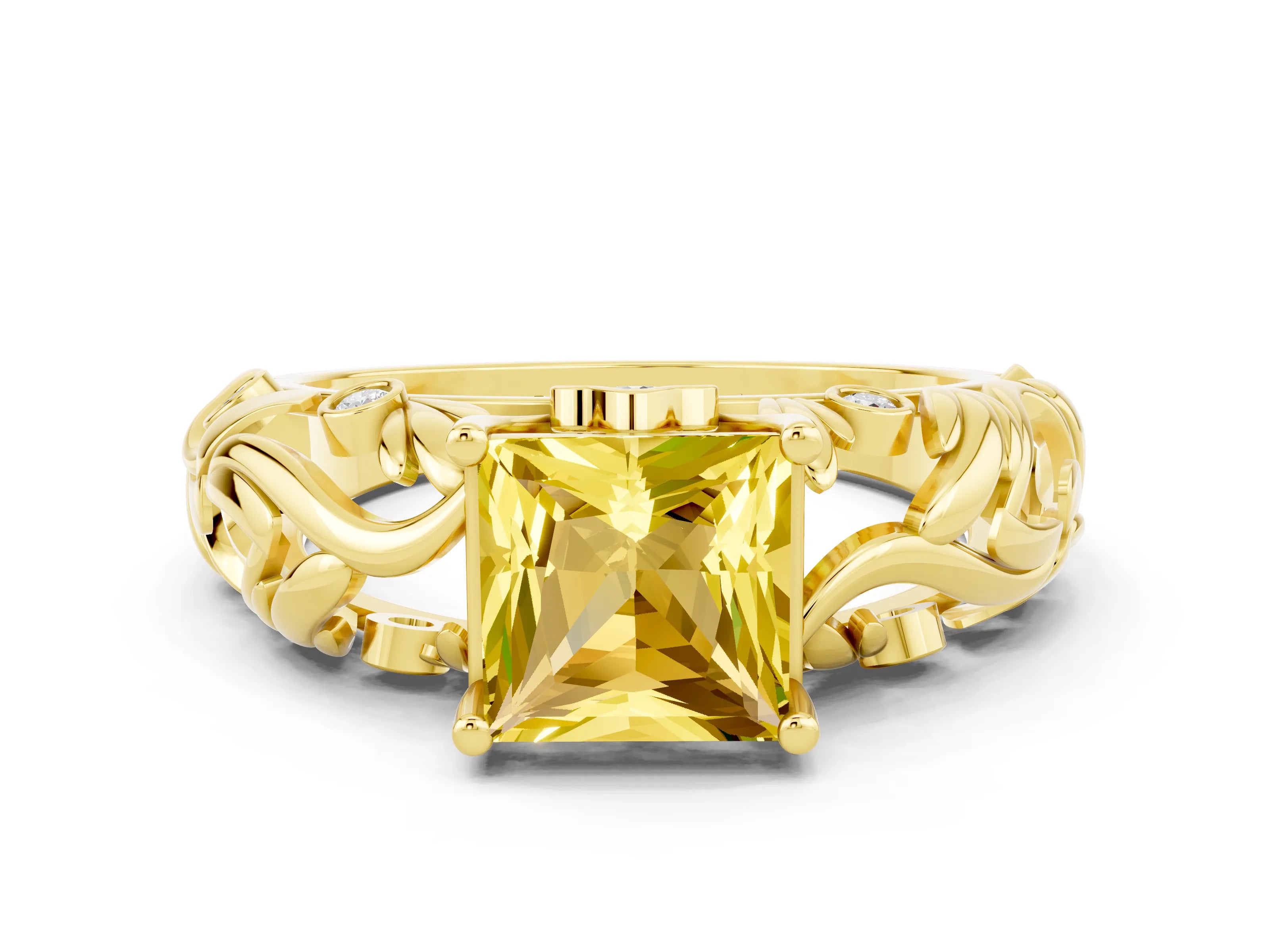 Yellow gold Princess Cut Solitaire Yellow Sapphire Leaf-Inspired Vine Band Ring with Prong Setting_24