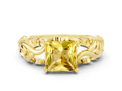 Yellow gold Princess Cut Solitaire Yellow Sapphire Leaf-Inspired Vine Band Ring with Prong Setting_24