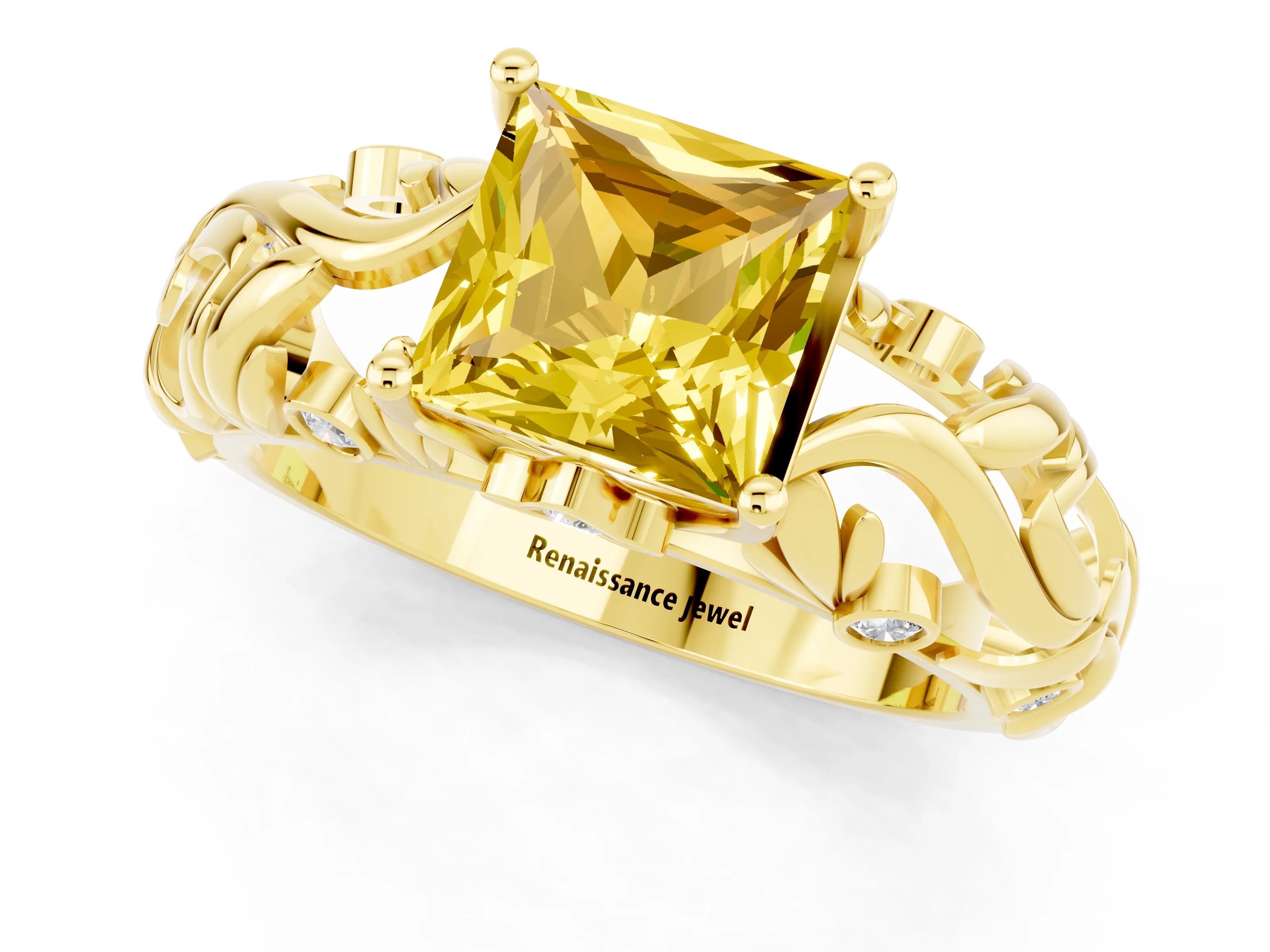 Yellow gold Princess Cut Solitaire Yellow Sapphire Leaf-Inspired Vine Band Ring with Prong Setting_25