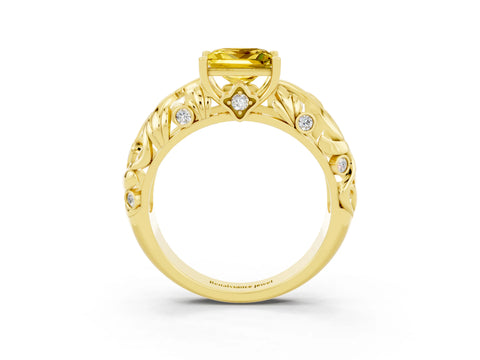 Yellow gold Princess Cut Solitaire Yellow Sapphire Leaf-Inspired Vine Band Ring with Prong Setting_27